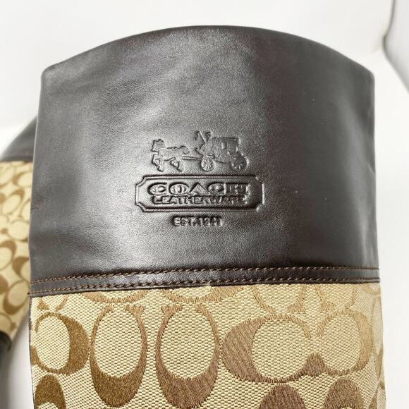 Coach Brown/Tan Chrissi Leather & Logo Print Riding Boots Women's Sz 7.5 Pull On - Picture 4 of 10